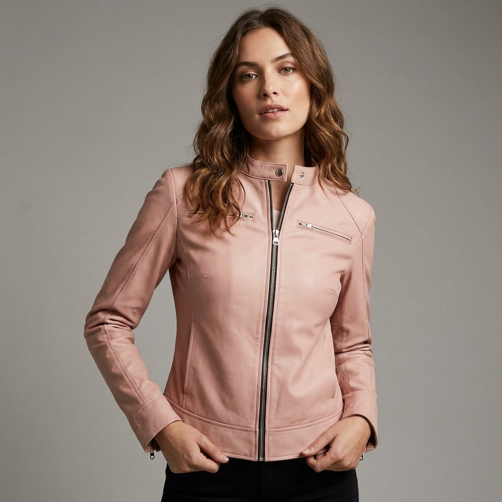 Women’s Genuine Pink Lambskin Cafe Racer Leather Jacket