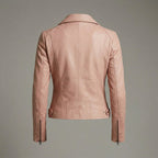 Women’s Genuine Pink Lambskin Cafe Racer Leather Jacket