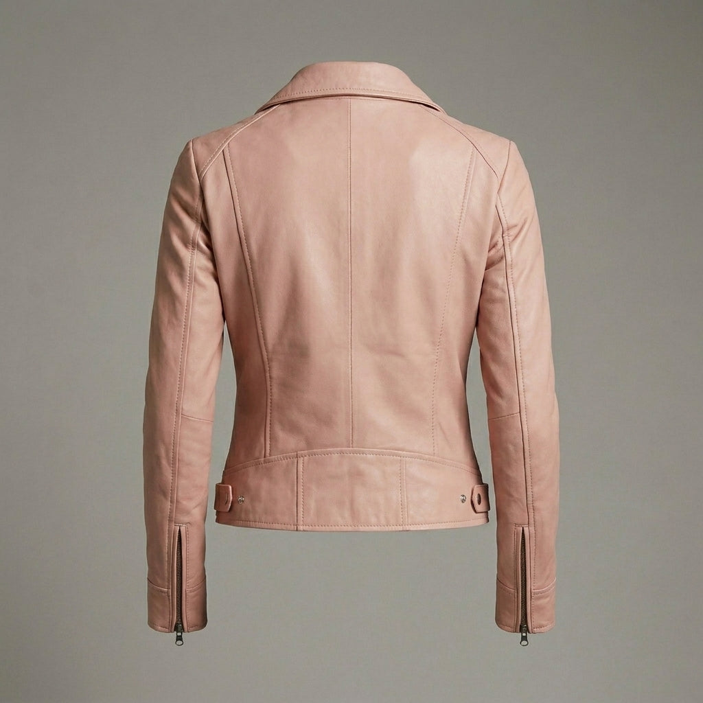Women’s Genuine Pink Lambskin Cafe Racer Leather Jacket