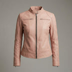 Women’s Genuine Pink Lambskin Cafe Racer Leather Jacket
