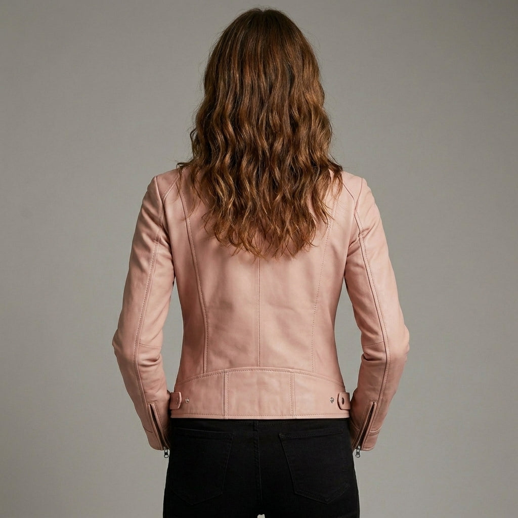 Women’s Genuine Pink Lambskin Cafe Racer Leather Jacket