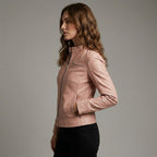 Women’s Genuine Pink Lambskin Cafe Racer Leather Jacket