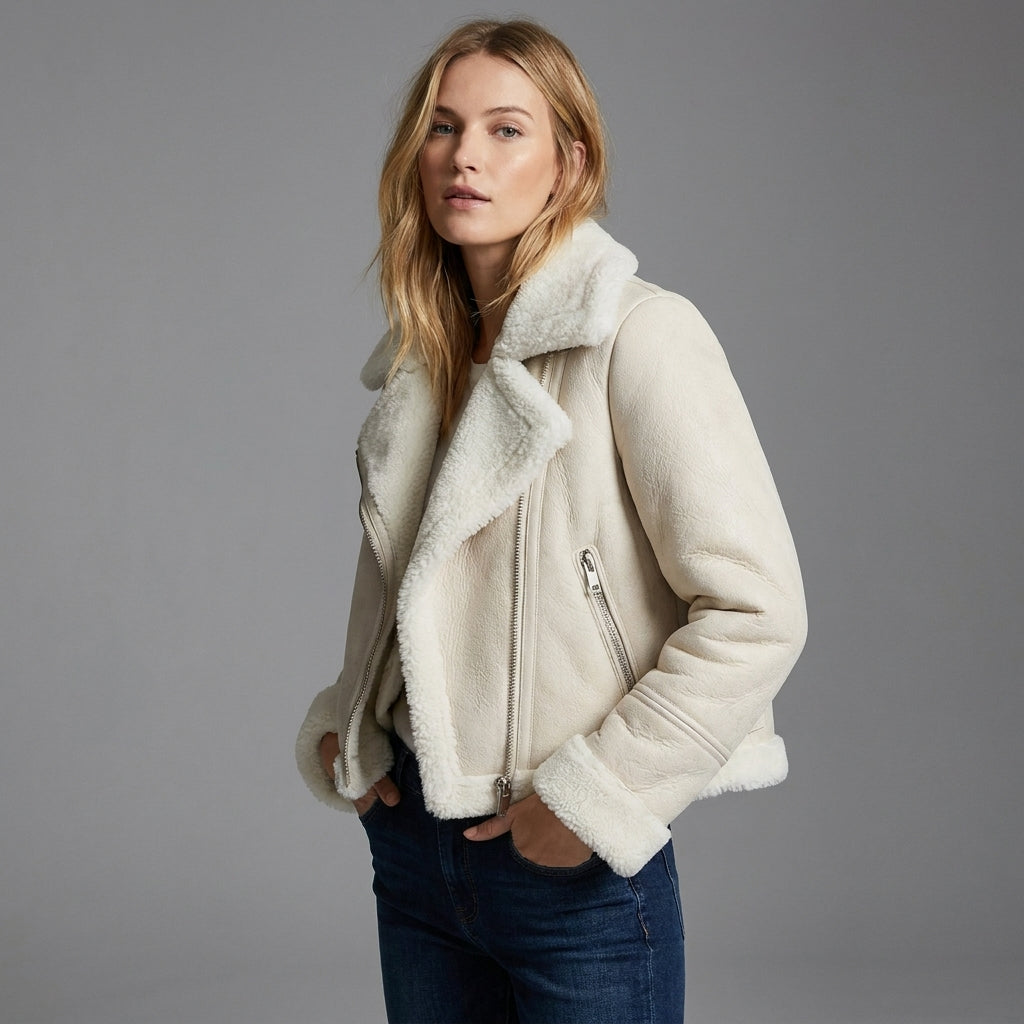 Women’s Ivory Shearling Aviator Jacket