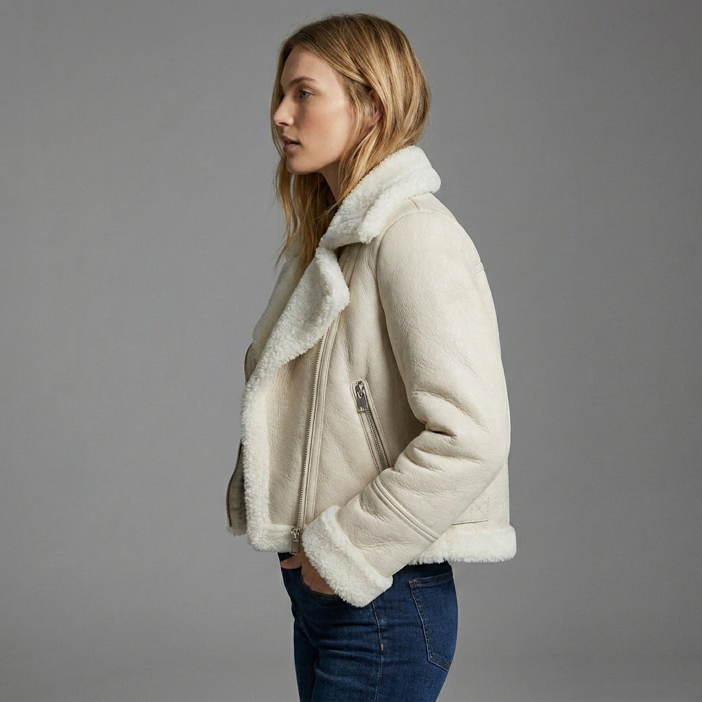 Women’s Ivory Shearling Aviator Jacket