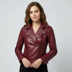 Women's Kimberley Maroon Quilted Leather Moto Jacket