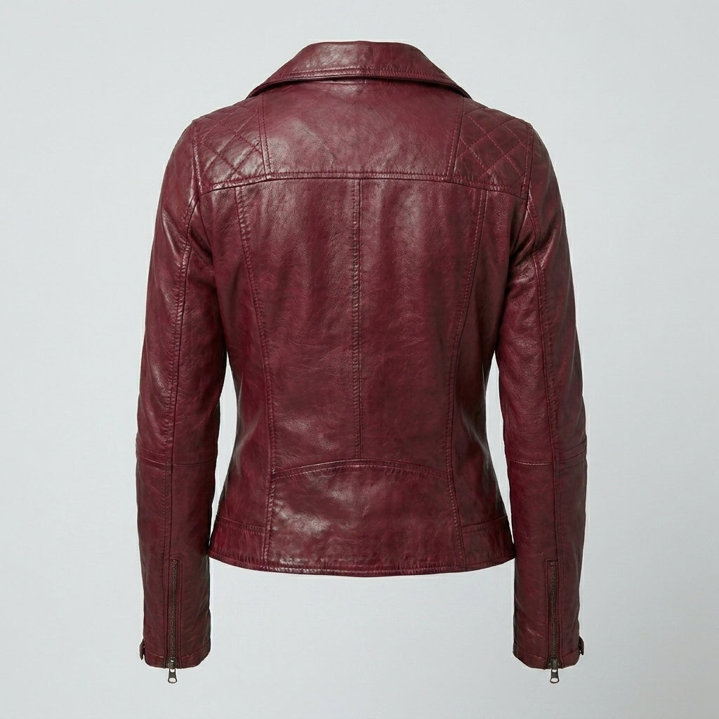 Women's Kimberley Maroon Quilted Leather Moto Jacket