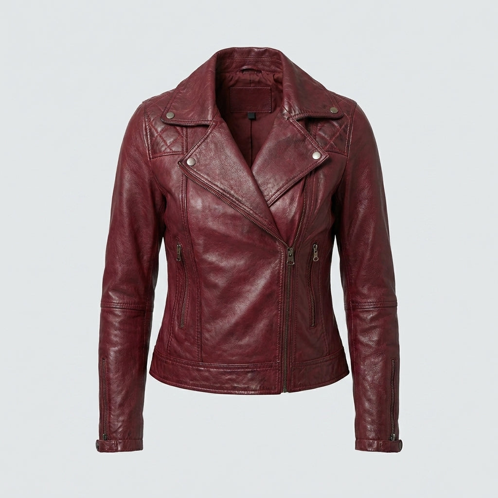 Women's Kimberley Maroon Quilted Leather Moto Jacket