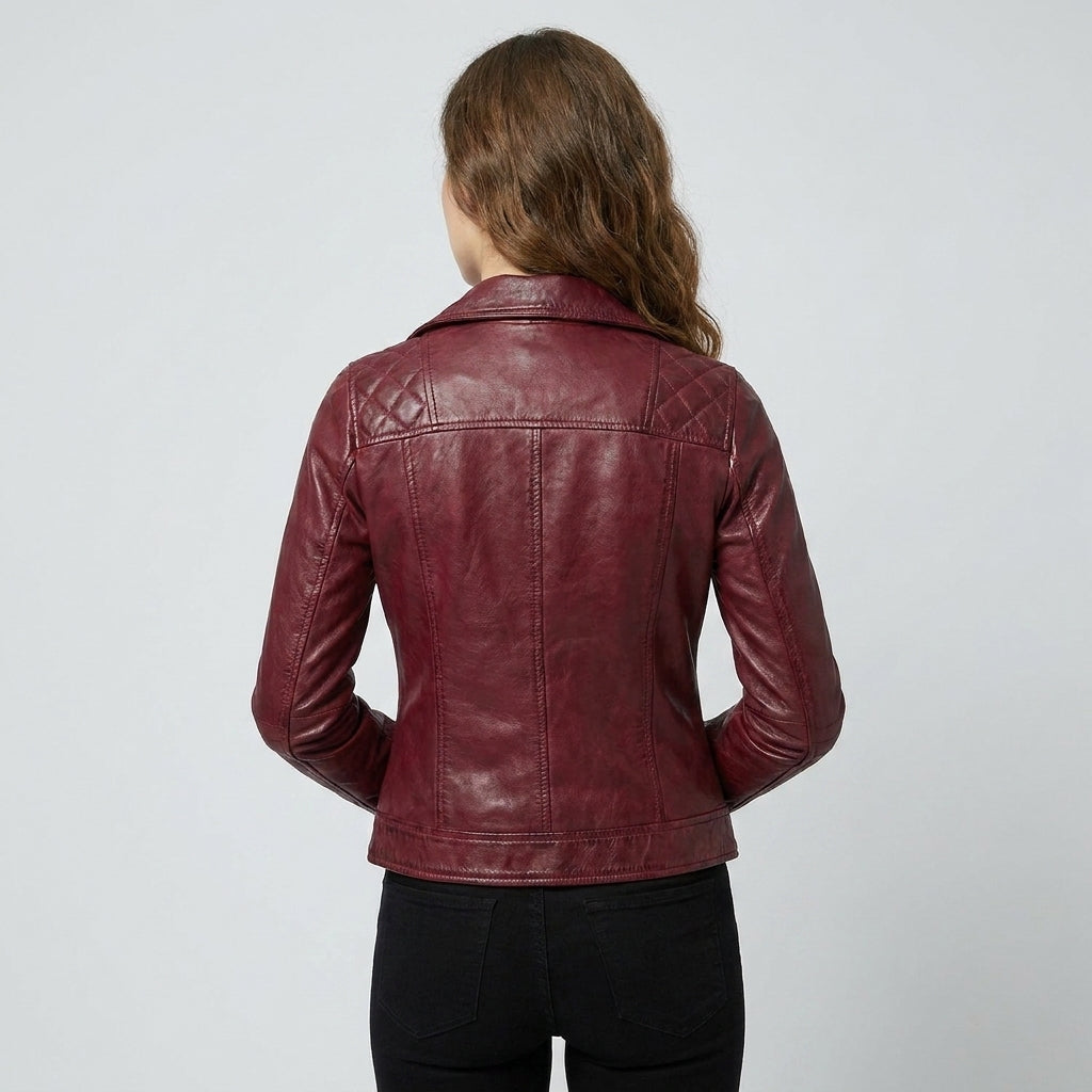 Women's Kimberley Maroon Quilted Leather Moto Jacket