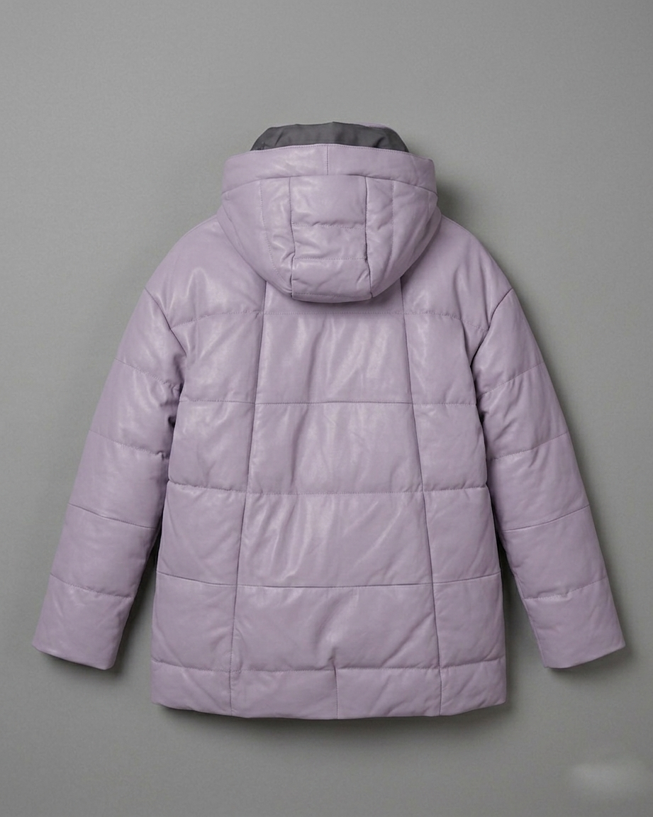 Women's Lavender Hooded Leather Puffer Jacket