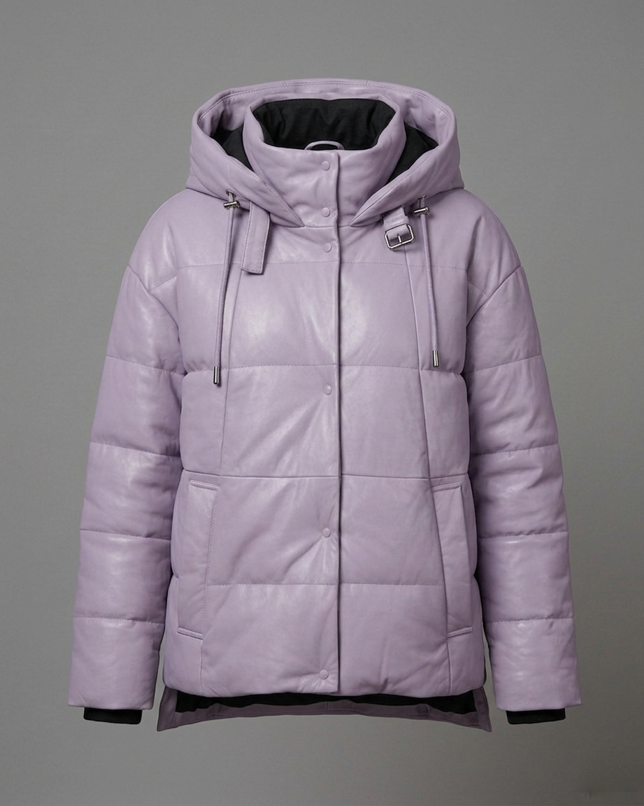 Women's Lavender Hooded Leather Puffer Jacket