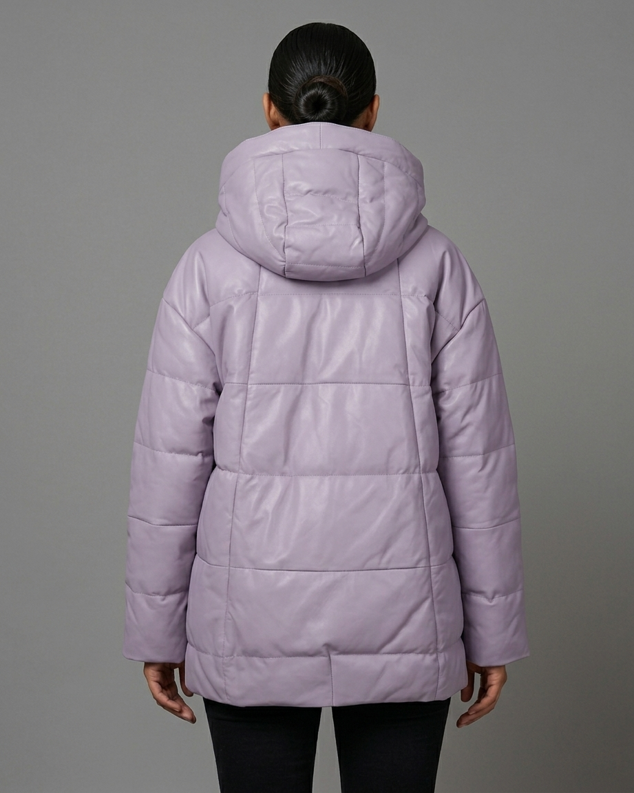 Women's Lavender Hooded Leather Puffer Jacket