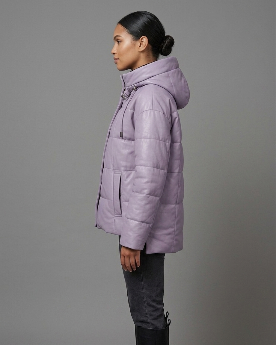 Women's Lavender Hooded Leather Puffer Jacket