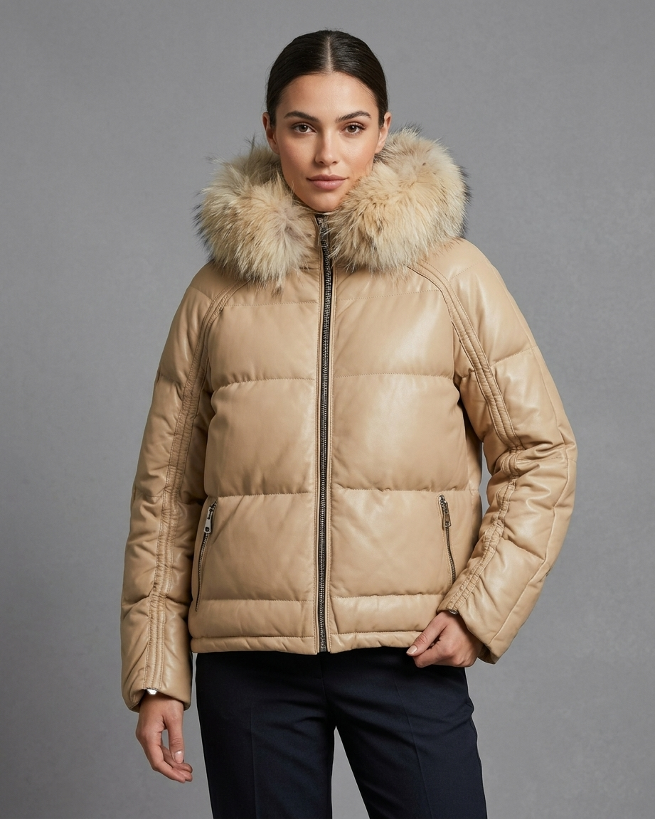 Women's Luxe Beige Hooded Fur Trim Leather Puffer Jacket
