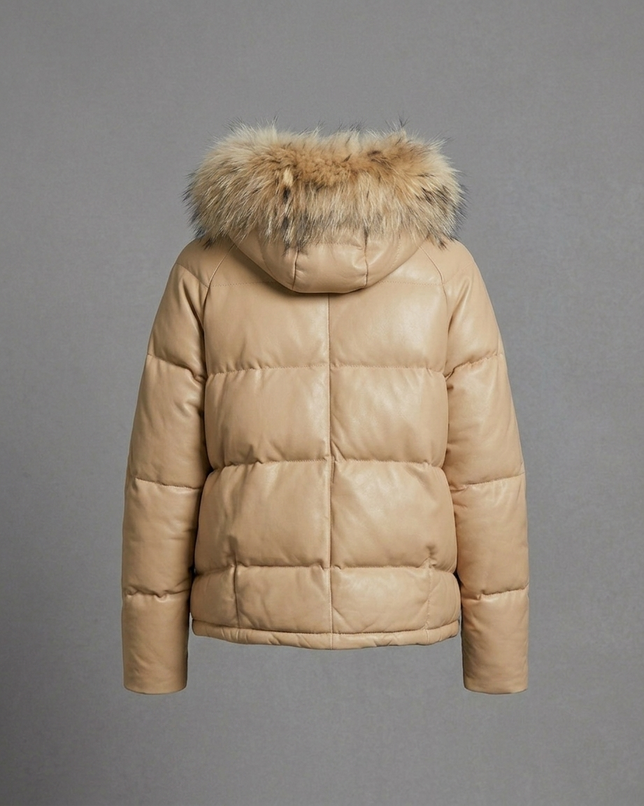 Women's Luxe Beige Hooded Fur Trim Leather Puffer Jacket