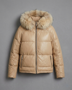 Women's Luxe Beige Hooded Fur Trim Leather Puffer Jacket