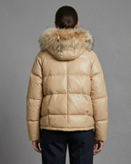 Women's Luxe Beige Hooded Fur Trim Leather Puffer Jacket