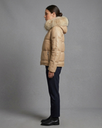 Women's Luxe Beige Hooded Fur Trim Leather Puffer Jacket