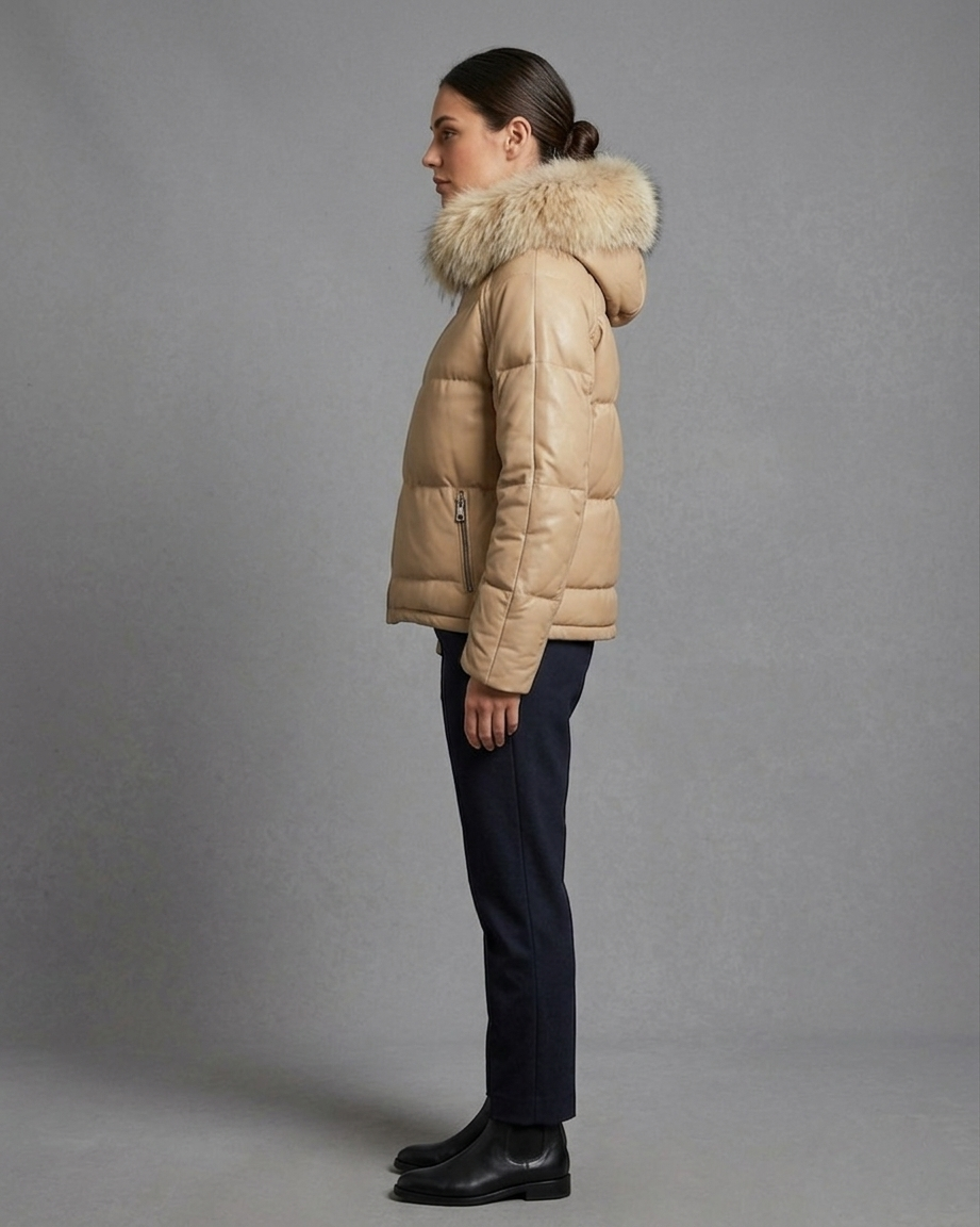 Women's Luxe Beige Hooded Fur Trim Leather Puffer Jacket