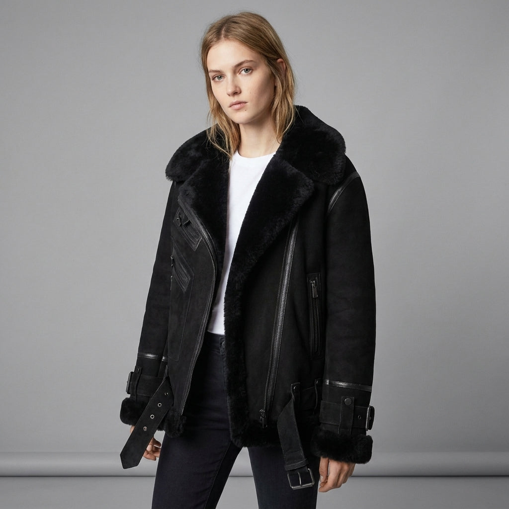 Women’s Luxe Black Suede Shearling Leather Aviator Jacket