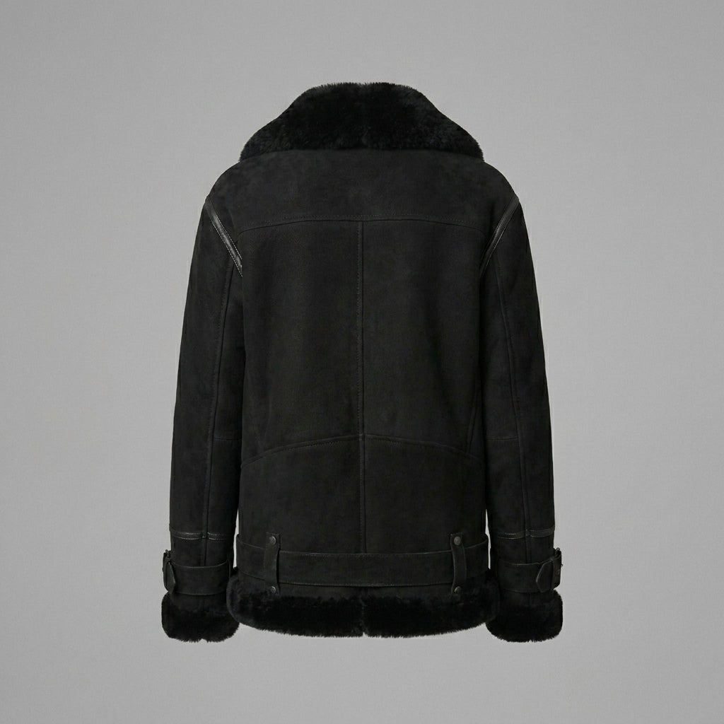 Women’s Luxe Black Suede Shearling Leather Aviator Jacket