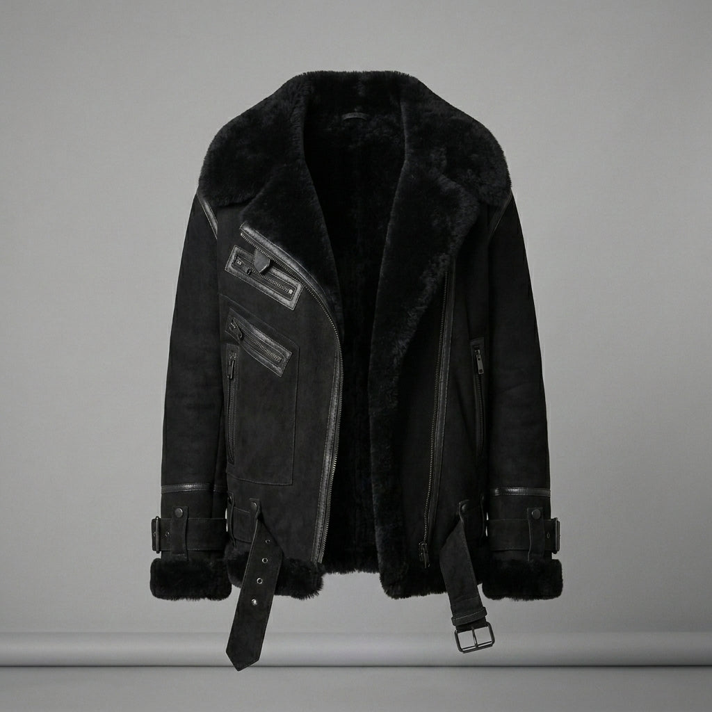Women’s Luxe Black Suede Shearling Leather Aviator Jacket