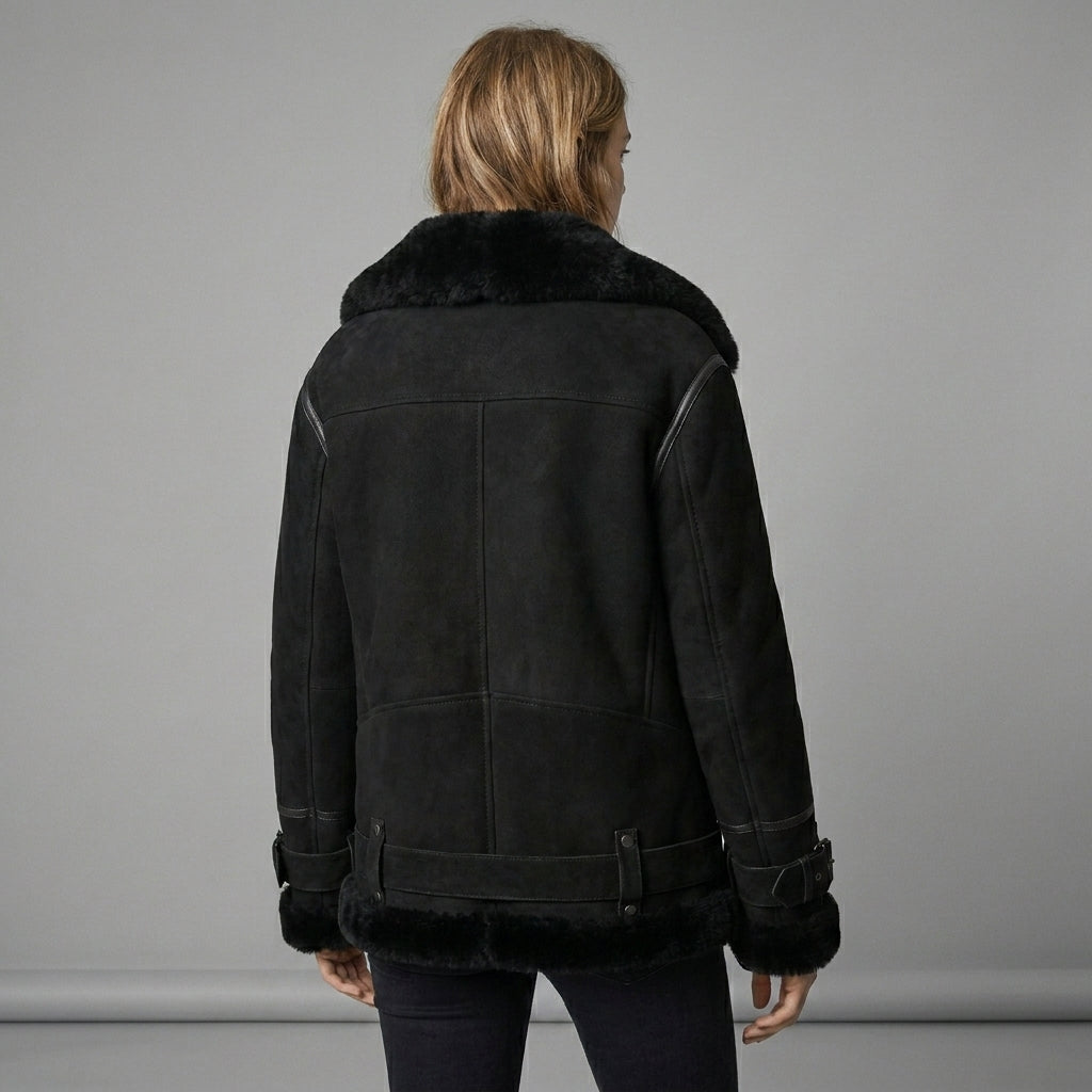 Women’s Luxe Black Suede Shearling Leather Aviator Jacket