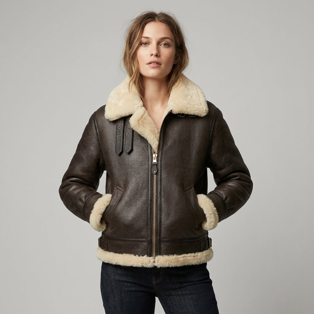 Women’s Luxe Brown Shearling Aviator Leather Jacket