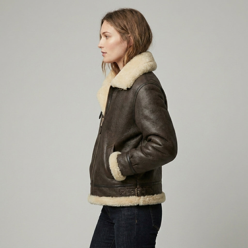 Women’s Luxe Brown Shearling Aviator Leather Jacket