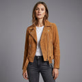 Women’s Luxe Brown Suede Leather Biker Moto Jacket