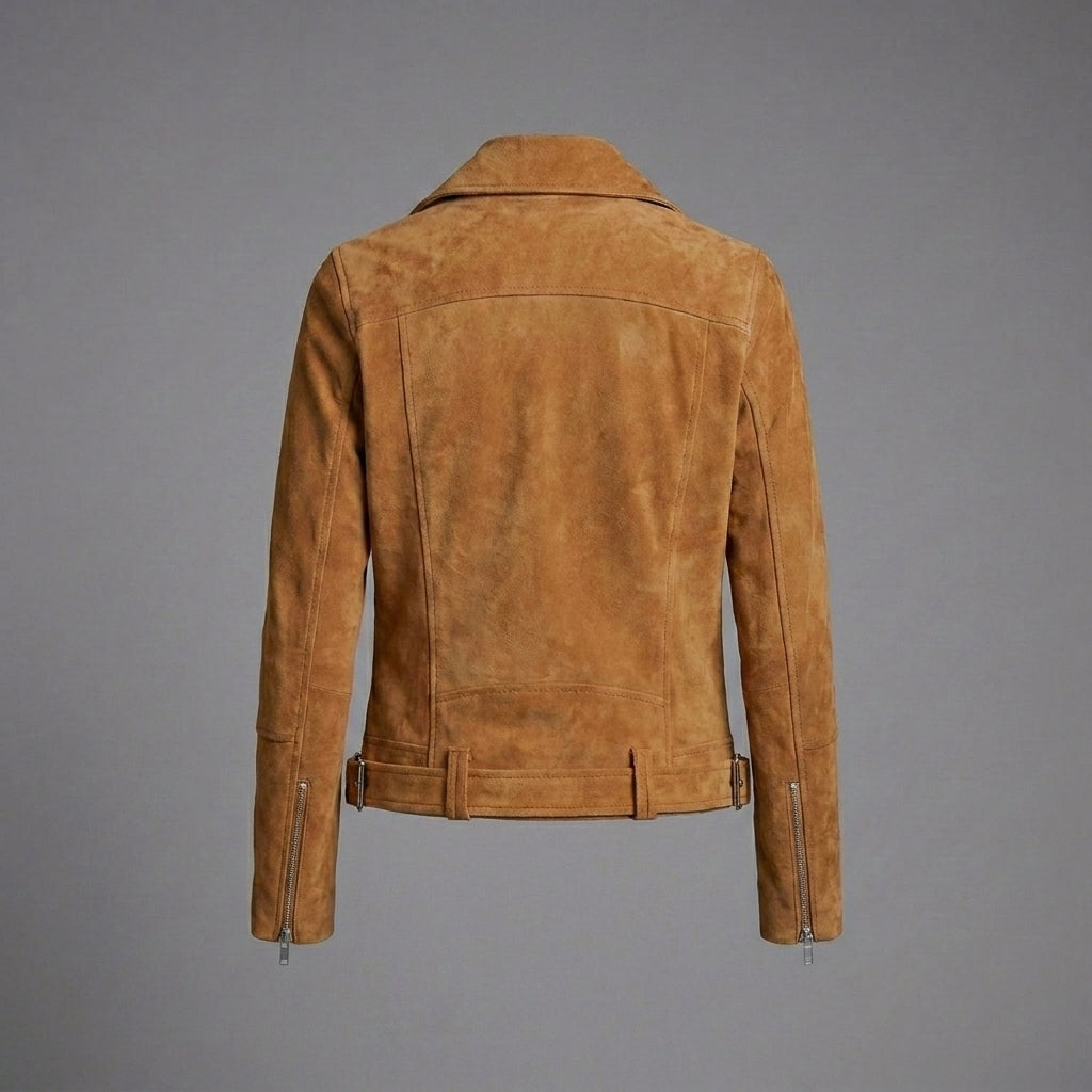 Women’s Luxe Brown Suede Leather Biker Moto Jacket
