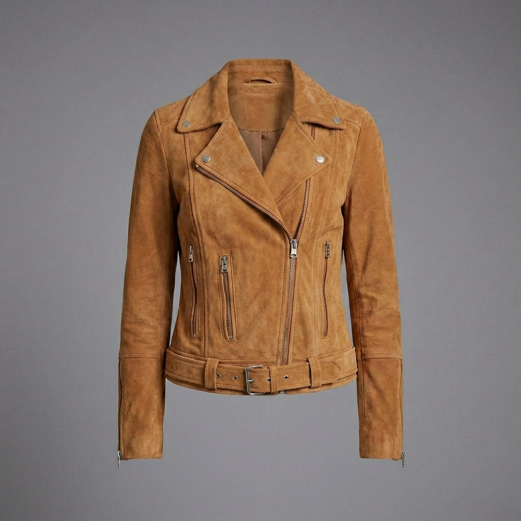 Women’s Luxe Brown Suede Leather Biker Moto Jacket