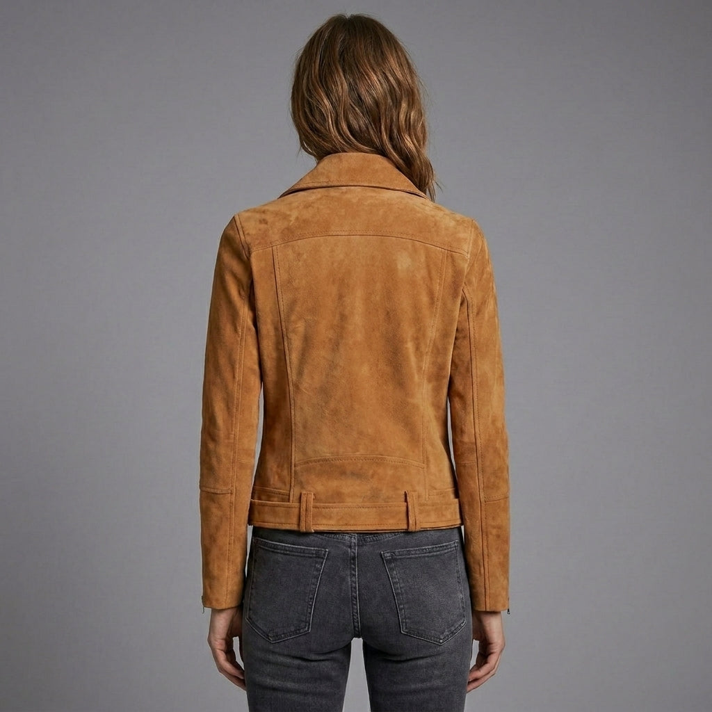 Women’s Luxe Brown Suede Leather Biker Moto Jacket