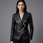 Women's Luxe Double-Breasted Black Leather Blazer Jacket
