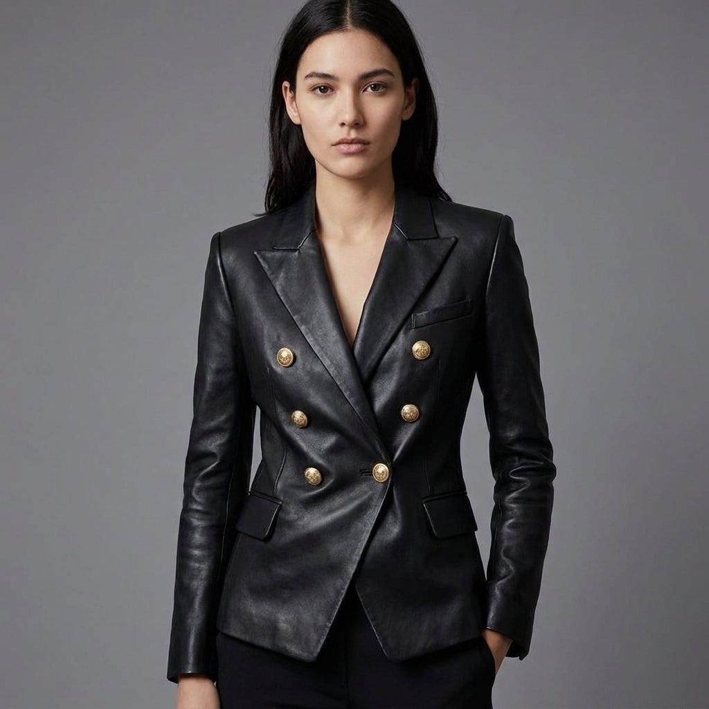 Women's Luxe Double-Breasted Black Leather Blazer Jacket