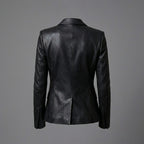 Women's Luxe Double-Breasted Black Leather Blazer Jacket