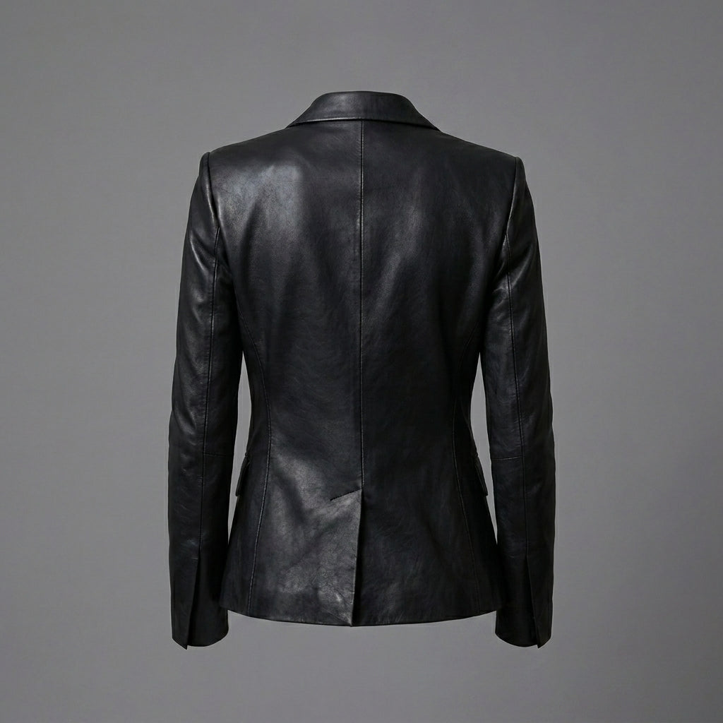 Women's Luxe Double-Breasted Black Leather Blazer Jacket