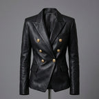 Women's Luxe Double-Breasted Black Leather Blazer Jacket