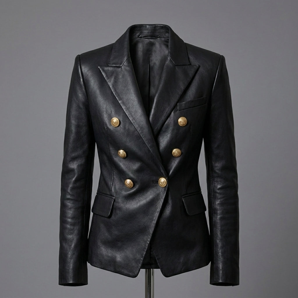 Women's Luxe Double-Breasted Black Leather Blazer Jacket