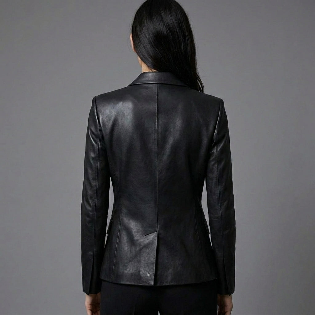 Women's Luxe Double-Breasted Black Leather Blazer Jacket
