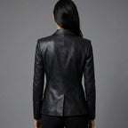Women's Luxe Double-Breasted Black Leather Blazer Jacket