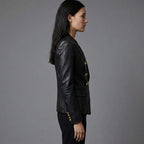 Women's Luxe Double-Breasted Black Leather Blazer Jacket
