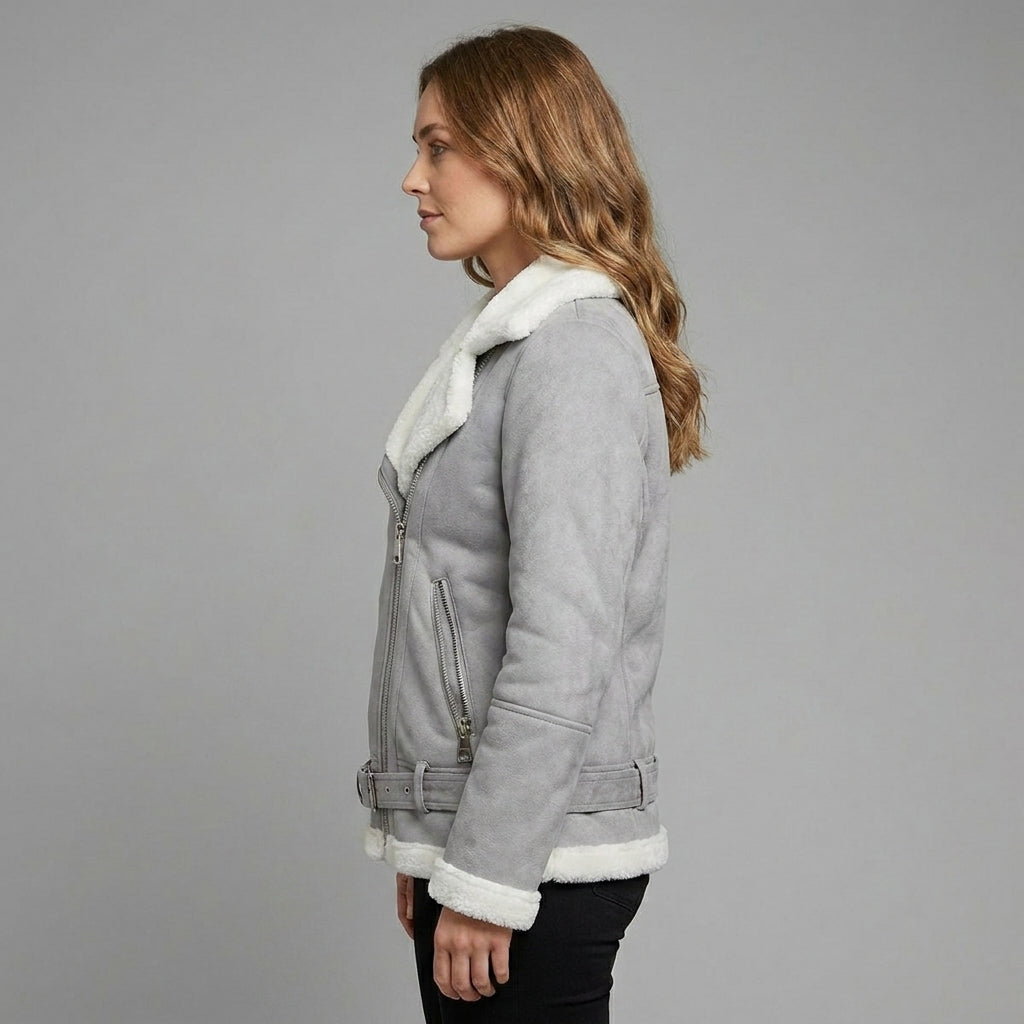 Women’s Luxe Grey Suede Shearling Jacket