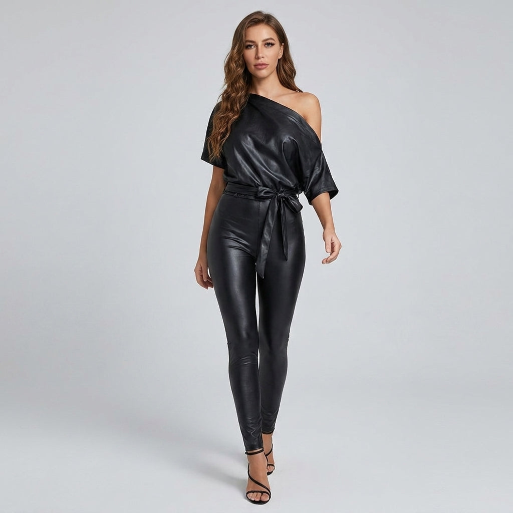 Women's Luxe Off-Shoulder Leather Bodysuit Jumpsuit