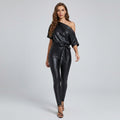 Women's Luxe Off-Shoulder Leather Bodysuit Jumpsuit