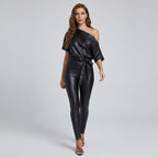 Women's Luxe Off-Shoulder Leather Bodysuit Jumpsuit