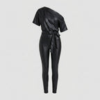 Women's Luxe Off-Shoulder Leather Bodysuit Jumpsuit