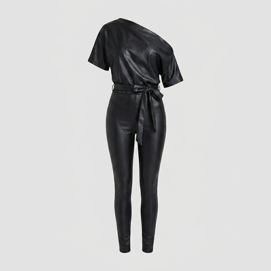 Women's Luxe Off-Shoulder Leather Bodysuit Jumpsuit