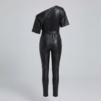 Women's Luxe Off-Shoulder Leather Bodysuit Jumpsuit