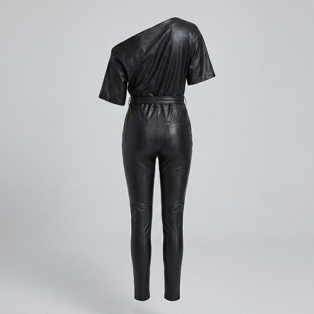 Women's Luxe Off-Shoulder Leather Bodysuit Jumpsuit