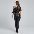 Women's Luxe Off-Shoulder Leather Bodysuit Jumpsuit